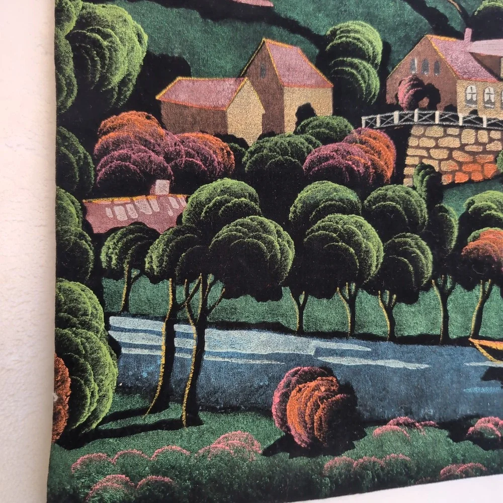 Vintage Hand Painted Velvet Painting Wall Hanging Colorful Village Folk Art MCM